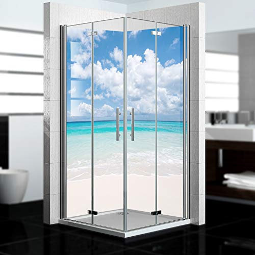 Dedeco - Dos de douche d'angle imperméable Motif : Plage V3, vernis UV brillant, 2x 90x200 cm, remplacement de carrelage pour salle de bain, comme paroi décorative, revêtement mural en aluminium