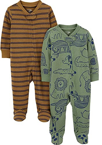 Simple Joys by Carter's Baby Jungen 2-Way Zip Thermal Footed Sleep and Play, Pack of 2 Kleinkindschläfer, Braun Doppelstreifen/Olivgrün Waldtiere, Frühchen (2er Pack)