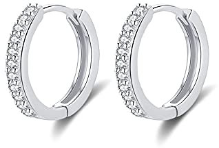 Boucles d'oreilles Femme Hypoallergénique Créoles Petites en Argent Fin 925 Plaqué Platine Avec Zircone Cubique, Diamètre 10mm
