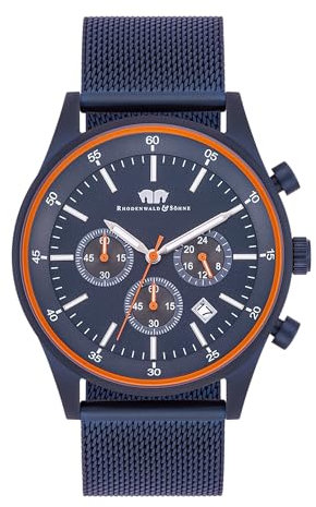 Rhodenwald & Söhne Herren Uhr analog Quarzwerk Chronograph mit Edelstahl Armband blau Milanaise 10010358