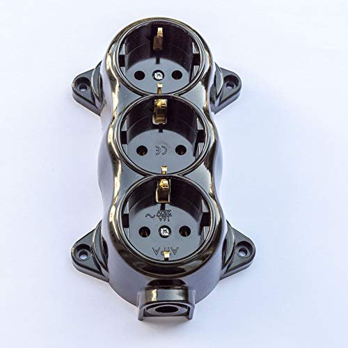 Enchufe retro fijo de 3 enchufes de 16 a 250 V, montaje en superficie de latón grueso, color negro, aspecto de baquelita retro en madera y latón, la mejor opción