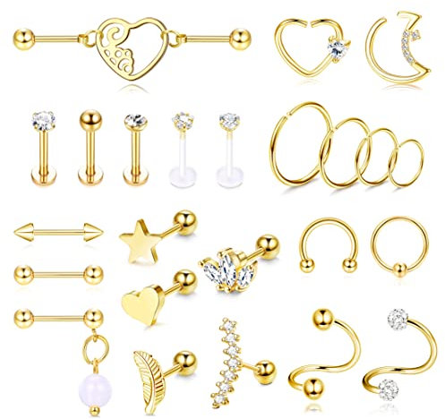 Kakonia 24stk Piercing Ohr für Damen Ohrringe Ohrstecker Gold Helix Piercings Chirurgenstahl Zirkonia 16G Conch Daith Tragus Piercing Set