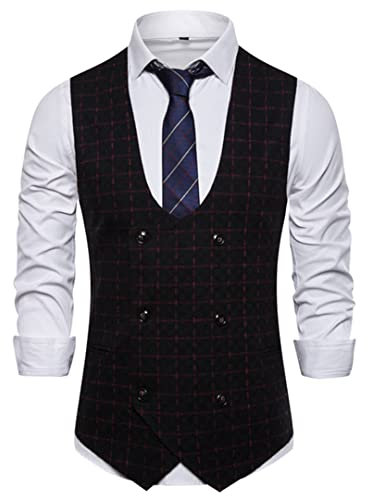 Spring and Autumn Slim Vest Men Sleeveless Plaid Business Casual Jacket Suits Waistcoat Black M