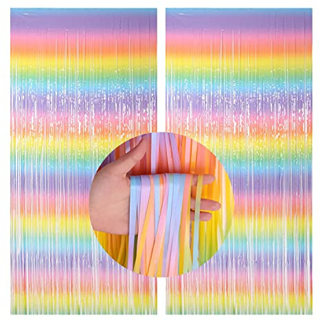 Pastel Rainbow Metallic Foil Tinsel Curtain(1m x 2m),2 Pack Glitter Foil Fringe Curtain for Backdrop Decorations