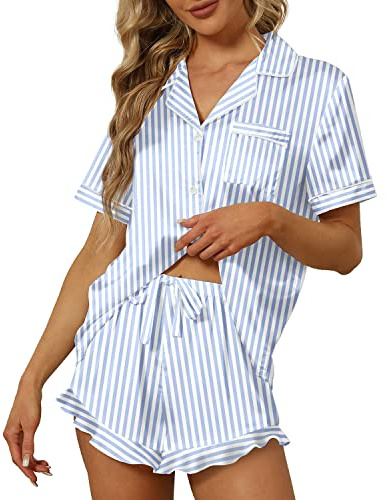 SAPJON Satin Silk Pajamas for Women 2Pcs Ruffle Notch Collar Sleepwear Button Down Short Sleeve Shorts Pjs Set Loungewear