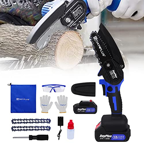 Mini Cordless Chainsaw Kit, 4 One-Hand Handheld Electric Portable Chainsaw, Brushless Motor, 2 Exchangeable Chains, 21V Rechargeable Battery Operated, for Tree Trimming and Branch Wood Cutting
