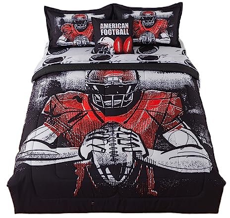 qjmiaofang Fußball-Bettwäsche-Set, 6-teilig, für Jungen, American Football, Bettwäsche-Set für Kinder, American Footballspieler, Bettwäsche-Set mit schwarzen Fußball-Bettlaken-Set für Zuhause