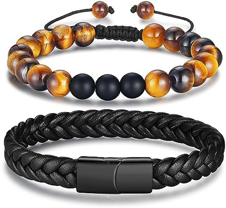Gkmamrg Weihnachtsgeschenke für Männer - Armband Herren Perlenarmband Lederarmband für Männer - 8mm Tigerauge Leder Armbänder für Herren, 2PCS Armbänder set