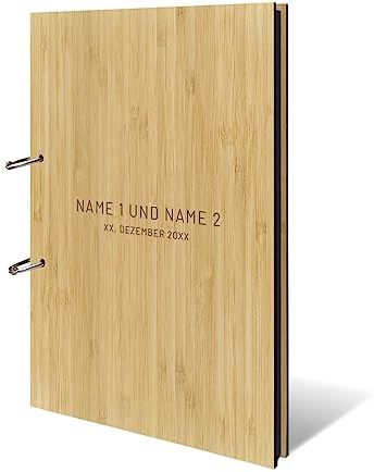 Personalisiertes Hochzeit Fotoalbum echtes Holz DIN A4 Hochzeitsbuch mit Lasergravur - Schlicht - mit 25 Blatt / 50 Seiten Fotokarton Schwarz