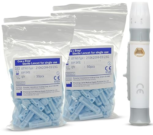 One Step Lancing Device & 100 x 23 Gauge Sterile Twist Top Lancets, Blood Sampling Pen, 5 Depth Settings Designs for Less Pain and Ejector