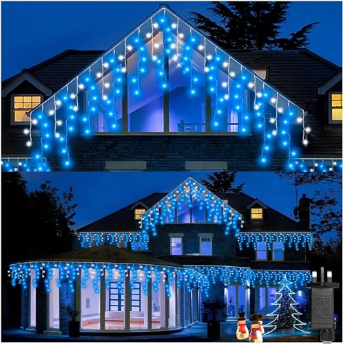 SHATCHI 240LEDs Waterfall Icicle Christmas Lights Blue and Cool White - Multifunction 8 Modes, Timer Clear Cable Indoor/Outdoor Low Voltage Waterproof Curtain Light Christmas Decoration