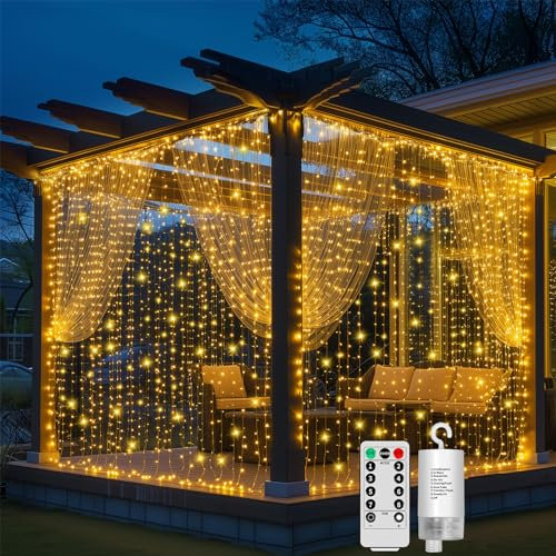 GCMacau Lichtervorhang, 6x3M 600 LEDs Lichterketten Vorhang, Hängend Lichterkettenvorhang Warmweiß mit 20 Haken Fernbedienung Timer, Lichtervorhang Innen Außen für Weihnachten Hochzeit Party Deko