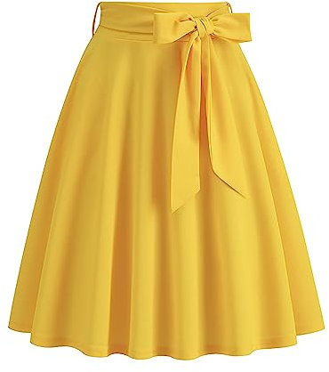 Lazzboy Rock Damen Swing 50s Retro Vintage Rockabilly Knielang Festliche Röck Mit Gürtel Faltenrock Hohe Taille Glockenrock Vinatge Sommer Bow Belt Retro Pocket A Line Skirt (Gelb,S)