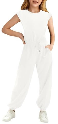 Haloumoning Mädchen Jumpsuits Kinder Mode Lange Hosen Mädchen Sommer Kurzarm Overall Casual Sport Jumpsuit, Weiß, 12-14 Jahre