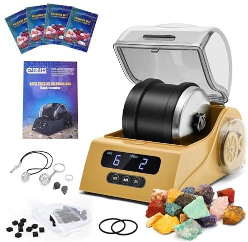 Tryes Rock Tumbler Kit per adulti - Bicchiere lucidante per roccia con copertura per riduzione del rumore, controllo velocità e timer, include 4 graniglie lucidanti, pietre preziose ruvide, guida