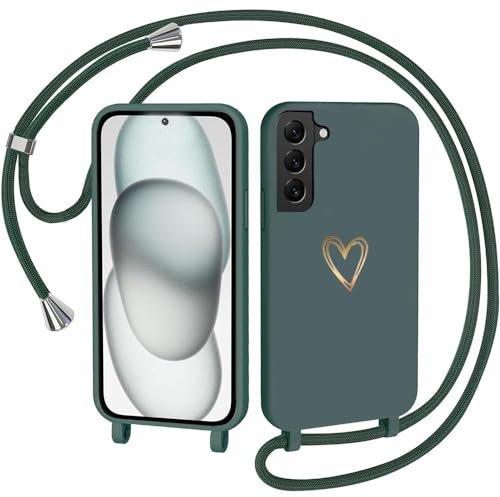 CaseLover Handyband für Samsung Galaxy S21 FE 5G Hülle mit Band, Herz Muster Silikon Necklace Handyhülle mit Abnehmbar Kordel zum Umhängen Stossfest Bumper Handy Schutzhülle für Samsung S21 FE, Grün