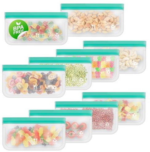 Reusable Freezer Bags, Extra-thick Leakproof Gallon Vegetable Snack Sandwich Bag, BPA Free Silicone Bags for Food Storage,Travel, Home Organization(10 Pack - 10 Small)
