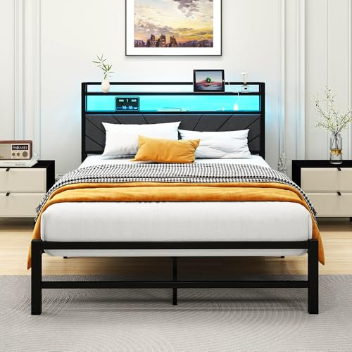 HOMERECOMMEND Double Bed Frames with Upholstered Storage and LED Lights,4ft6 Upholstered Bed Frame Doule Bed with Metal Slats Enhanced Support, Under Bed Storage,Easy Assembly