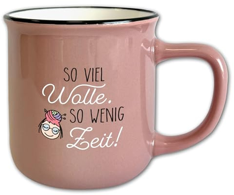 Frida's Wollhaus Tasse #6 Altrosa mit Spruch ″So viel Wolle, so wenig Zeit″ Motivtasse Vintage Geschenk Stricken Häkeln 330 ml