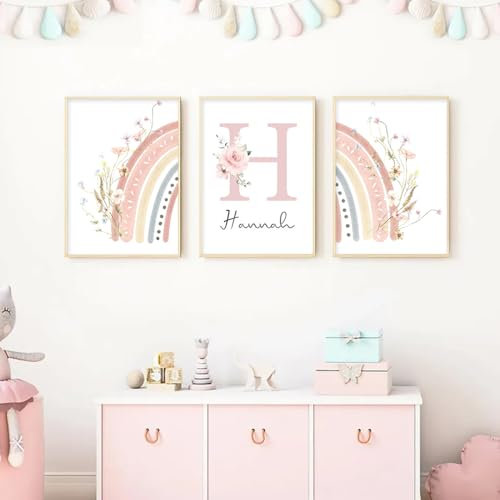 Youihom 3 Bilder Kinderzimmer Mädchen Rosa 30x40 Babyzimmer Poster Personalisiert Wandbilder Kinderzimmer Name Wandposter Baby Ballerina Love Bilderwand Leinwand ohne Rahmen (CZS037)