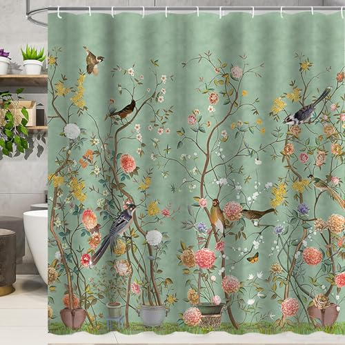 Jemsia Shower Curtain for Bathroom,Green Floral Birds Waterproof Anti Mould Bath Curtain with Weighted Hem,12 Hooks Floral Washable Polyester Shower Curtains for Bathroom Tubs Spa Wet Room
