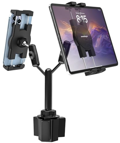 woleyi KFZ/LKW Getränkehalter Tablet Halterung Dual [Doppelte Geräteklemme] | Becherhalter Autohalterung mit Verstellbarem Metallarm für iPad Mini Air Pro, Galaxy Tab, Surface, Fire, Handys, 4-13