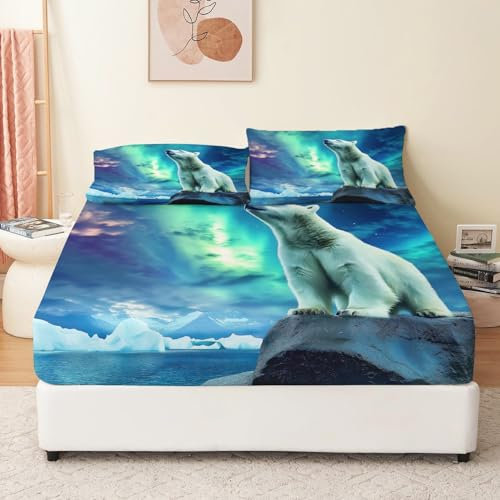 Bettwäsche Spannbettlaken Tiere Eisbären Nordlichter Bettwäsche für 2 Kissenbezug 160 x 200 cm Blau Weiche Mikrofaser mit Pflegeleichte weiche Baumwolle und haltbar