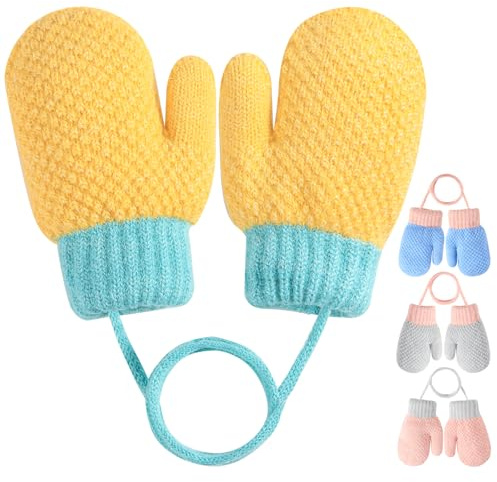 MELLIEX Babyvantar, vintertermiska handskar, söta mjuka handtag stickade handskar med snodd för 0–3 år flickor och pojkar, Gul, 13*6cm