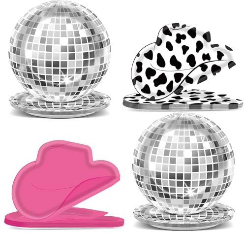 CHUNNIN 48Pcs Western Cowgirl Party Paper Plates - Cow Print & Disco Ball Themed, Hat Shaped, Hot Pink - Girls Birthday, 80s 90s Disco Shower Party Decorations