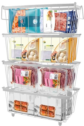 Organizer per Congelatore, Cestino per Congelatore Cestini Congelatore Pozzetto Cestino Congelatore, Impilabile per Risparmiare Spazio, Per la Conservazione degli Alimenti in Freezer (4 pezzi bianco)
