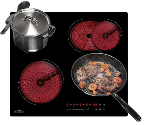 COVERCOOK 60cm Cerankochfeld, 4 Zonen Kochfelder mit Autark, Bräterzone, Slider-Bedienung, 9 Heizstufen, Kindersicherung, Einbau Glaskeramikkochfeld, 6700W