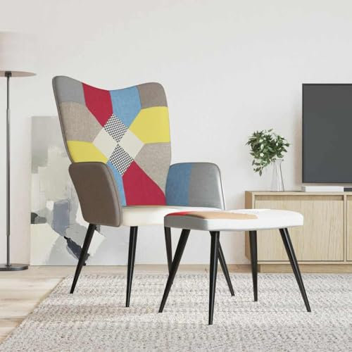 KATERYY Sessel mit Hocker Patchwork Stoff,Bunter Patchwork Sessel mit Hocker Bequem und stylisch für stilvolle Wohnräume Wohnzimmer, Sessel