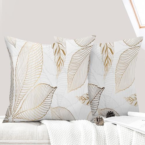 ECZOIL 2er Set Boho Kissenbezüge 40x40 cm, Blumen Dekorative Kissenhülle Kurzer Plüsch 16x16 Inch Doppelseitiger Druck Dekorative Kissenbezug für Wohnzimmer Sofa Schlafzimmer-Gold Blatt