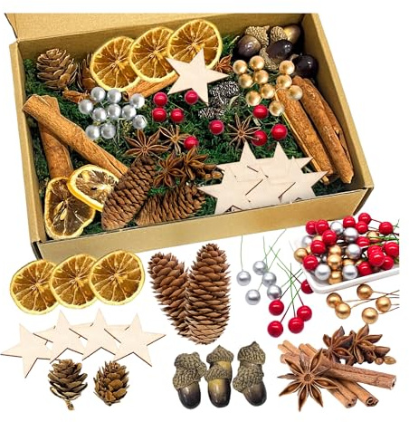 119 Stück Weihnachtskranz Deko, Adventskranz Deko, Potpourri Weihnachten, Adventskranz Bastelset mit Tannenzapfen, Eicheln, Getrocknete Orangenscheiben, Birkensternen, Dunkelgrün Moos, Sternanis
