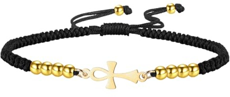 Amaxer Ankh Armband aus geflochtenem Seil für Damen, aus ägyptischem Edelstahl, antik, Hieroglyphen-Symbol, Schlüssel des Lebens, verstellbar, geflochten, mit Anhängern