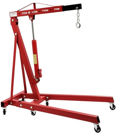 Hydraulisk verkstadskran 2 ton – vikbar motorkran av kolstål, motorlyftare med justerbar arm, roterande hjul och förstärkt ram, för garage och verkstad (röd)