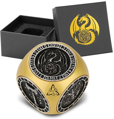 DND Fingerspitzen Spinner Würfel, Metallwürfel Set mit 3D Relief Muster, Polyedrische Rotierende Spielwürfel, D&D Geschenke mit Drachen Logo Geschenkbox, Rollenspiel Brettspiel Zubehör, Gold + Schwarz