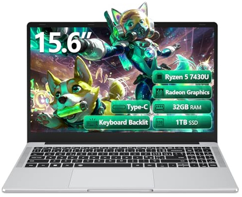 DIAKUOE 15,6 Pouces Ordinateur Portable Ryzen 5 7430U (12T, Jusqu'à 4,3 GHz), 32Go DDR4 RAM 1 to SSD, Win 11 PC Portable Carte Graphique Radeon, Laptop Clavier Rétroéclairé, Type-C, HDMI, USB 3.0