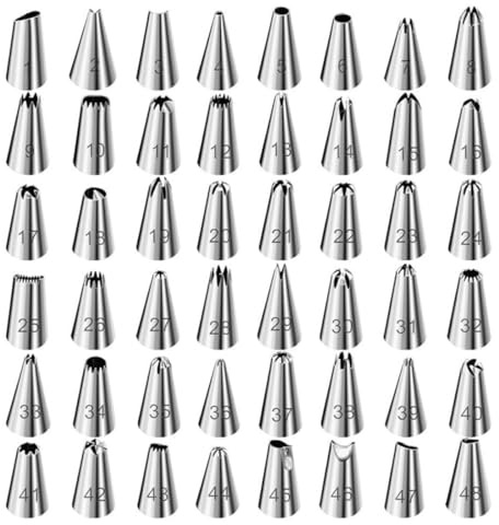 Set di 48 Beccucci per Sac a Poche Grandi Professionali Beccuccio Inox Bocchette Decorative Accessori per Decorare Cupcakes, Torte, Zeppole, Biscotti, Pasticceria