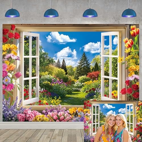Spring Window Photography Backdrop Spring Garden Nature Landscape Background for Wedding Baby Shower Birthday Party Floral Photo Background (7X5FT(82 x 59 inch))