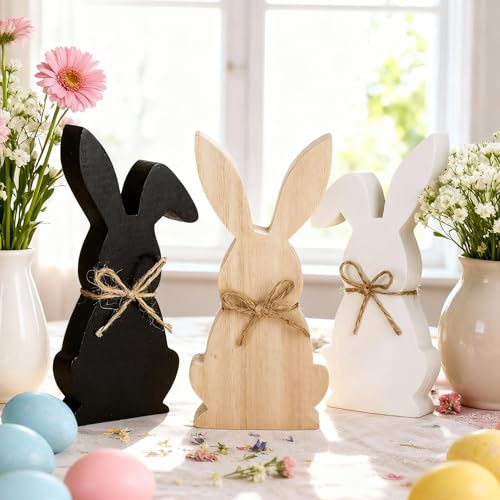 Osterhase Deko aus Holz, 3 Stück Osterhasen Deko zum Hinstellen, Osterdeko Holz Hasen, Tischdeko Ostern Hase Aufsteller, Osterhase Figuren Groß, Osterdekoration Garten Osterhasen Frühlingsdeko (A)