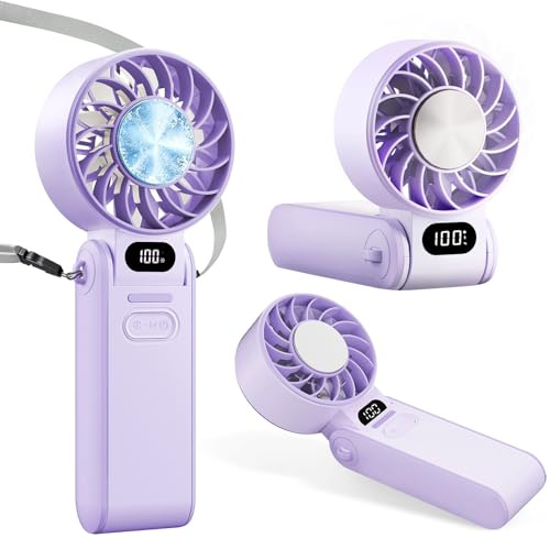 Handheld Fan with Ice Cooler, Portable Mini Fan Rechargeable Battery Operated, 5 Gear Turbo Fan Led Display, Up to 15H Cooling, Foldable Personal Hand Fans for Travel/Commuting/Office/Home (Purple)
