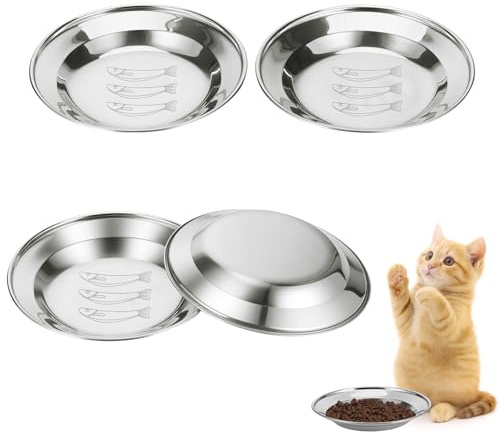 TranRantic 4 Pack Stainless Steel Cat Food Bowl (Fish Pattern) | Whisker Friendly Cat Bowl 16cm Shallow Wide Kitten Bowls for Food and Water, Metal Cat Plates for Puppy, Small Dogs, Rabbits