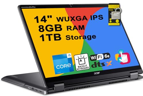 acer Chromebook Plus Spin 514 2-in-1 Laptop 14 WUXGA IPS Touchscreen (100% sRGB) Intel 10-core i5-1334U 8GB RAM 1TB Storage Backlit Type-c ICP Hub w/Google AI