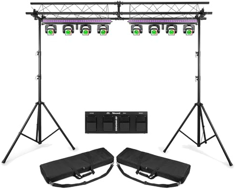 Complete Moving Head DJ Lighting Package with 4 Synchronised Heads, LED Ring Effects, Colour Wash Bar and Strobe, Truss Bridge, and Fast Setup – Ideal for Event, Party, or Wedding Lighting
