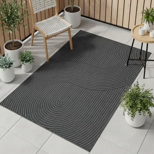 Teppich-Traum In- & Outdoor Teppich Wellenlinien Anthrazit 80x150 cm | Pflegeleicht, wetterfest, strapazierfähig, langlebig und formstabil, für Terrasse, Balkon, Garten, Wohnbereich & Flur