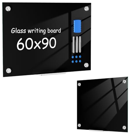 Magnetic Glass Whiteboard, Frameless Black Glass Dry Wipe Board with Galvanised Backing, Wall Mounted Glass Blackboard Vertical Horizontal, Tempered Glass Writing Board Office Home (Black)