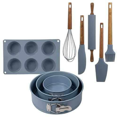 San Ignacio NOIA: Set repostería: 3 moldes de horno redondos Ø12 Ø18 Ø22, molde de silicona 6 cupcakes y set de 5 utensilios de cocina/repostería