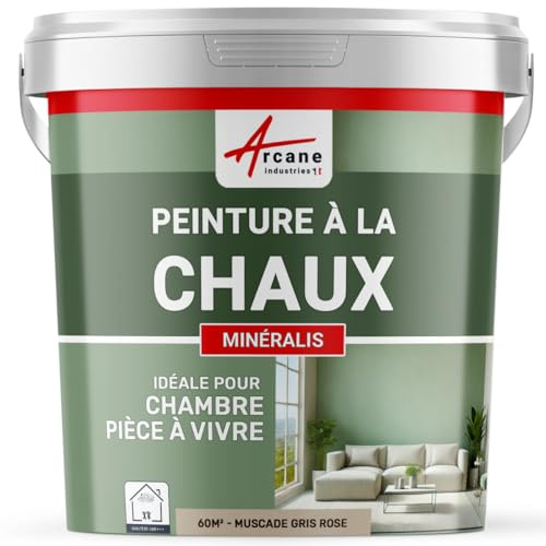 Peinture à la Chaux Intérieure Décorative 60 m² Muscade Gris Rose | Aspect Mat, sans Solvant Ni Odeur, Perméable, Murs, Ciment, Pierre, Chaux, Application à la Brosse - Arcane Industries