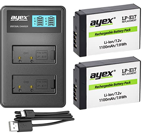 ayex Power Set mit 2 x LP-E17 Akku + 1 x USB Dual Ladegerät Kompatibel mit Canon EOS 800D 760D 200D 77D M6